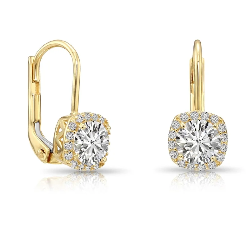 Zircon Drop Earrings for Sparkling-14K Gold Cushion-Shaped Halo Drop Earrings With Lever backs