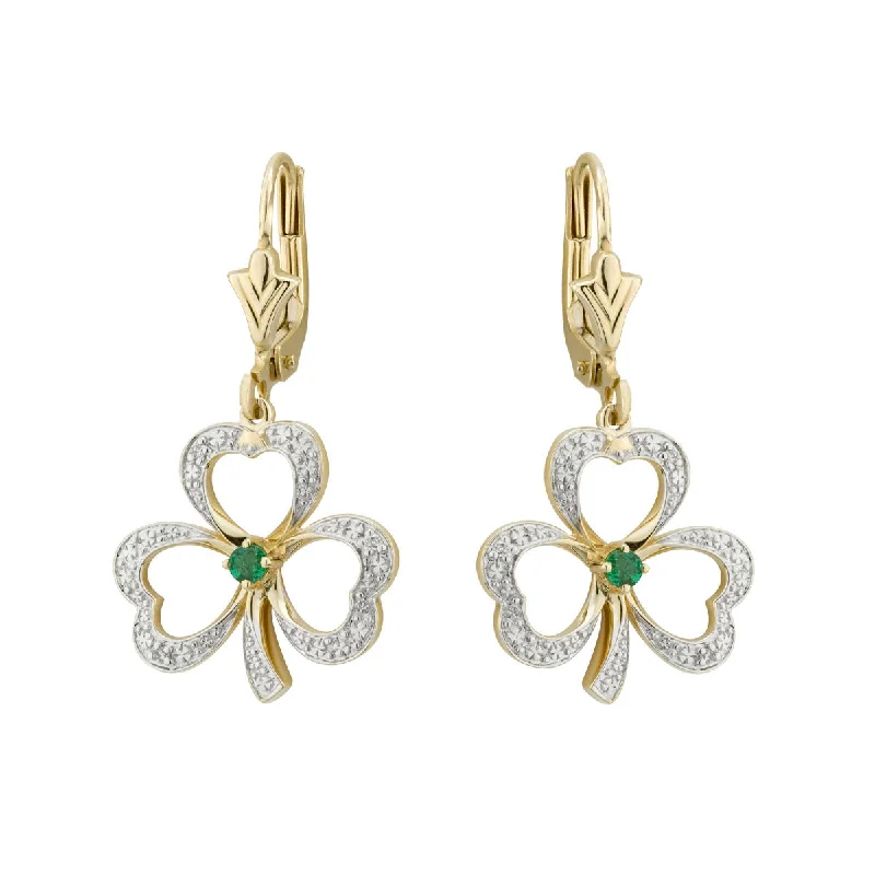 Designer Drop Earrings for High-End-14K Gold Diamond & Emerald Shamrock Drop Earrings