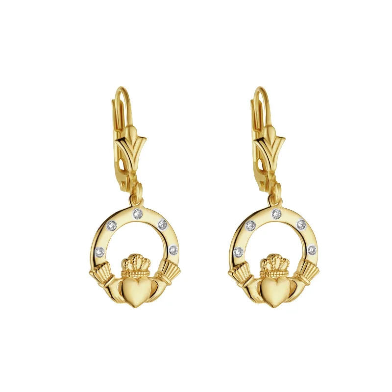 Heavy-Duty Drop Earrings for Durable-14K Gold Flush Set Diamond Claddagh Drop Earrings