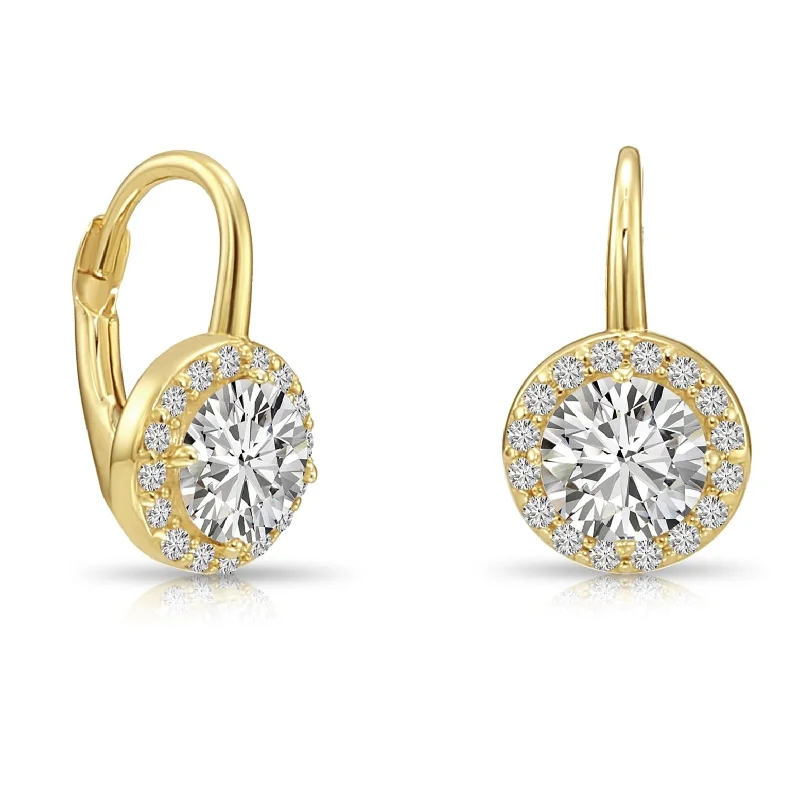 Detachable Drop Earrings for Versatile-14K Gold Round Brilliant-Cut Halo Drop Earrings With Lever backs