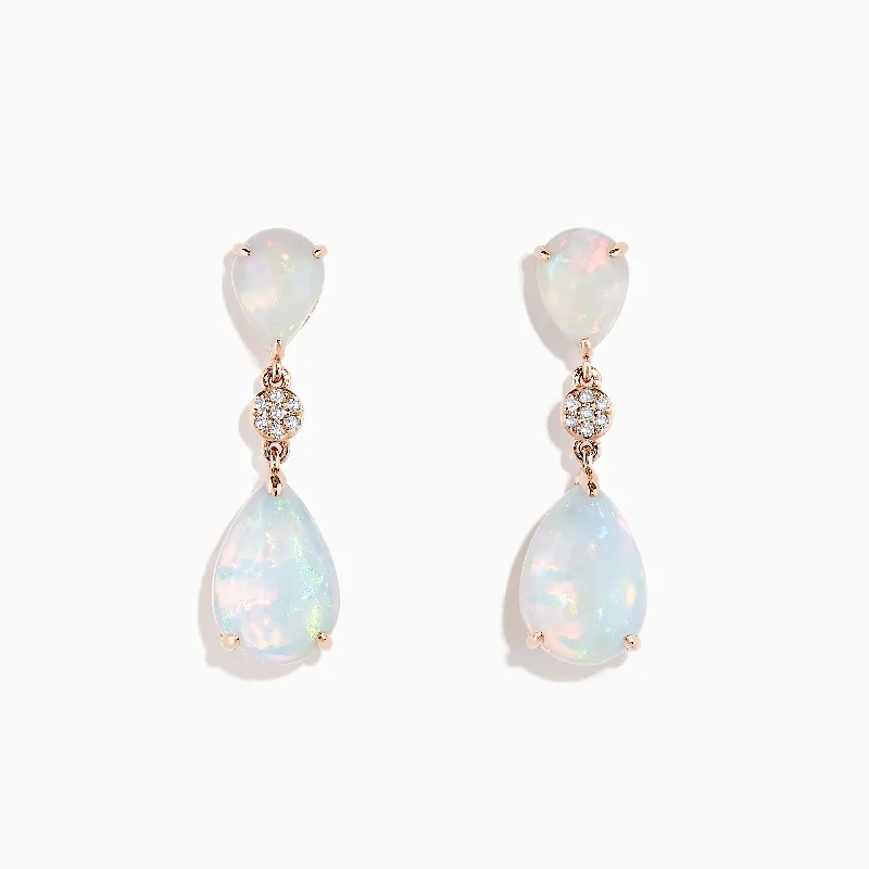 Retro Drop Earrings for Old-School-14K Rose Gold Opal and Diamond Drop Earrings