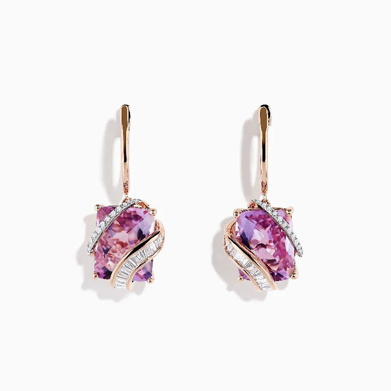 Hypoallergenic Drop Earrings for Sensitive-14K Rose Gold Pink Amethyst and Diamond Drop Earrings