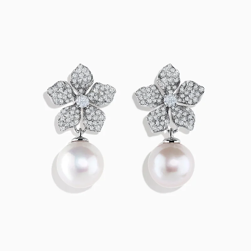 Handmade Drop Earrings for Artisanal-14K White Gold Diamond Flower and Fresh Water Pearl Drop Earrings