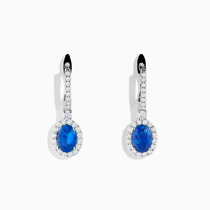 Small Drop Earrings for Delicate-14K White Gold Oval Blue Sapphire and Diamond Drop Earrings