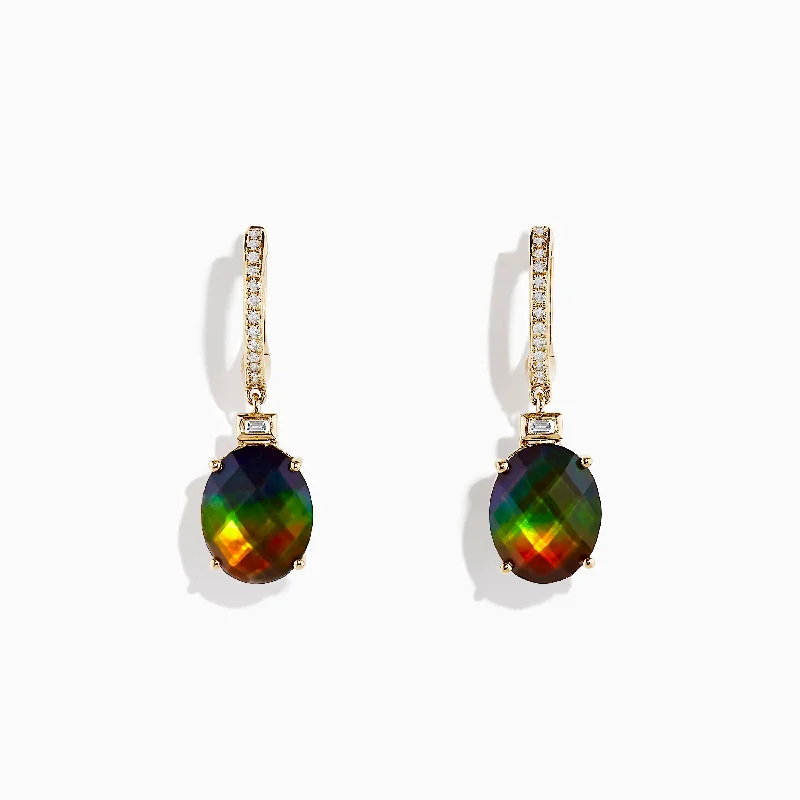 Modern Drop Earrings for Contemporary-14K Yellow Gold Ammolite and Diamond Drop Earrings