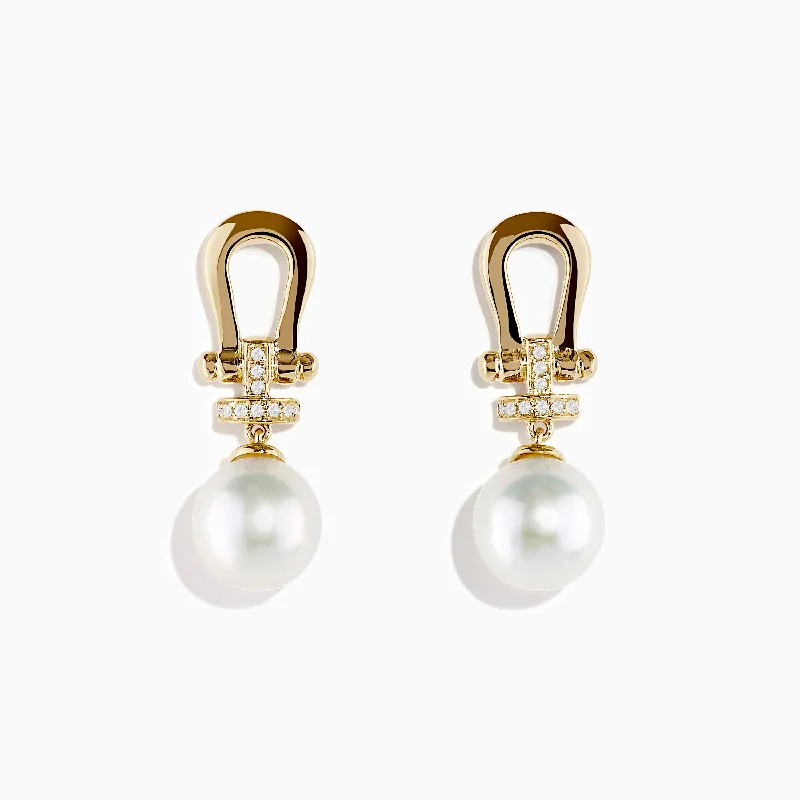 Geometric Drop Earrings for Structured-14K Yellow Gold Fresh Water Pearl and Diamond Horseshoe Drop Earrings