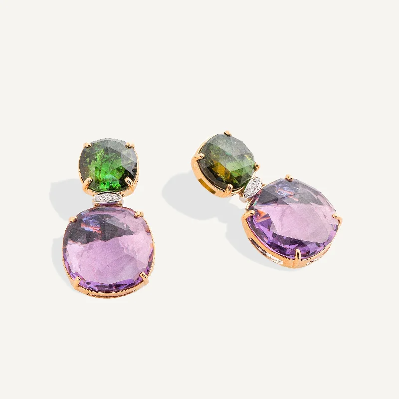 Ruby Drop Earrings for Passionate-18K Yellow Gold Green Tourmaline and Amethyst Drop Earrings with Diamonds