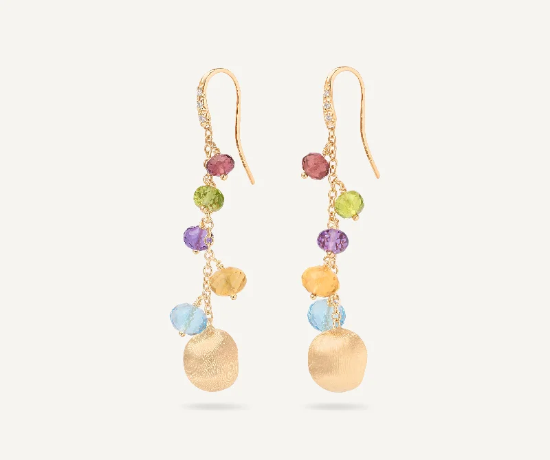 Gym Drop Earrings for Active-18K Yellow Gold Mixed Gemstone Long Drop Earrings with Diamond Pavé Hook