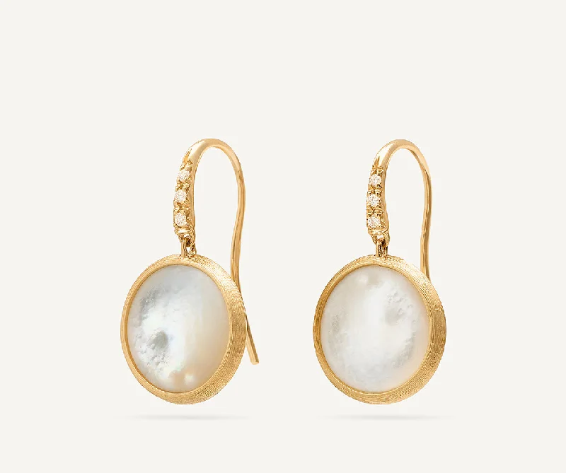 School Drop Earrings for Students-18K Yellow Gold Mother of Pearl Drop Earrings with Diamonds