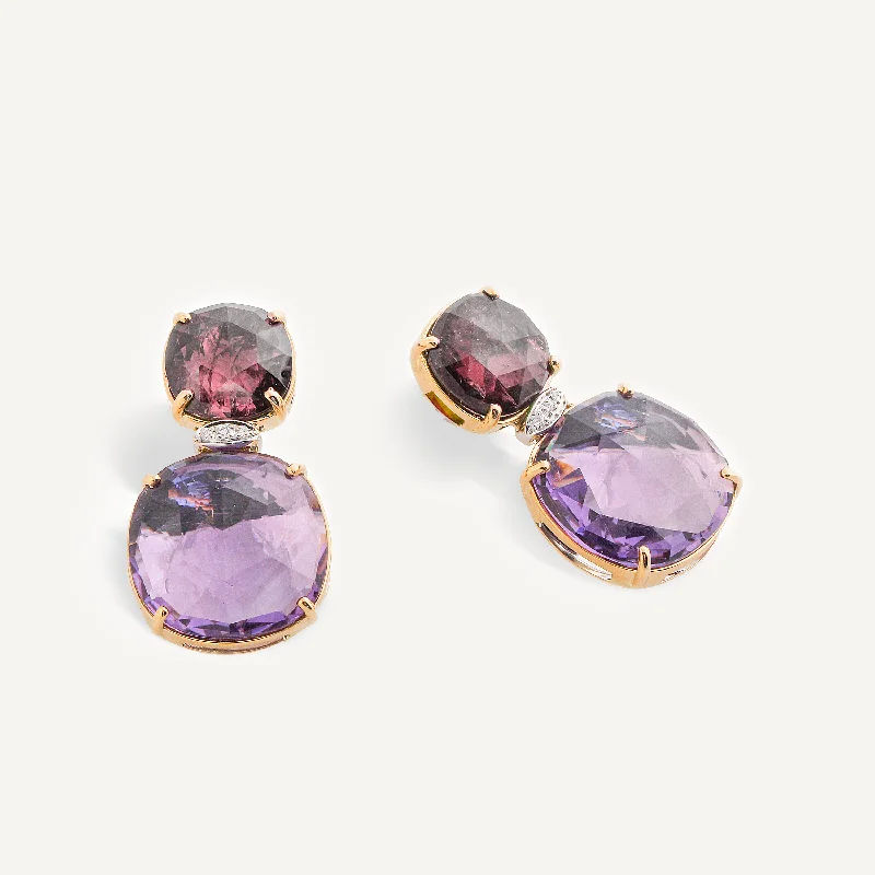 Classic Drop Earrings for Timeless-18K Yellow Gold Pink Tourmaline and Amethyst Drop Earrings with Diamonds