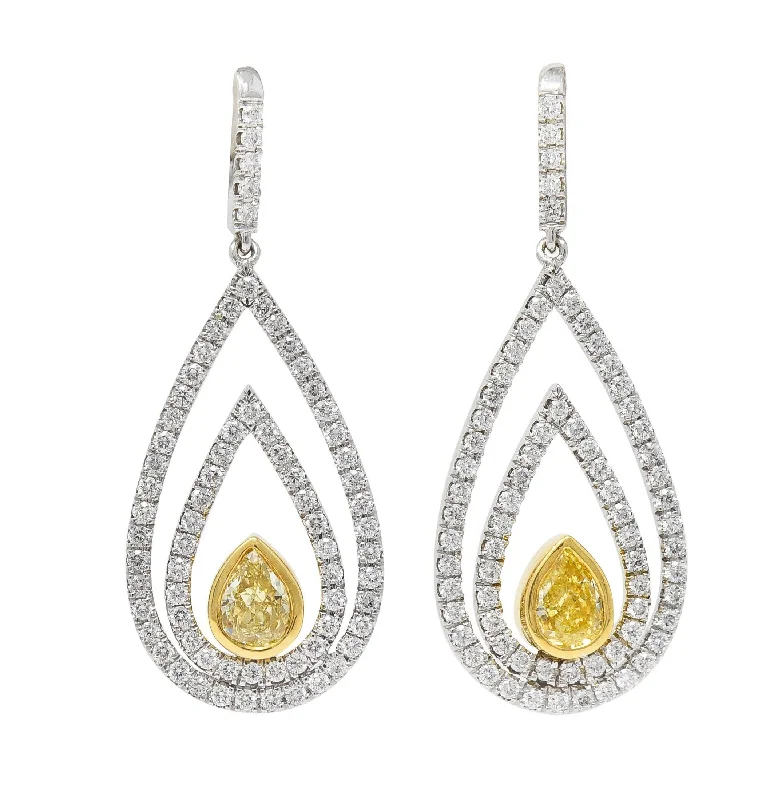 Gemstone Drop Earrings for Color-2.04 CTW Fancy Yellow Pear Cut Diamond 18 Karat Two-Tone Gold Drop Earrings