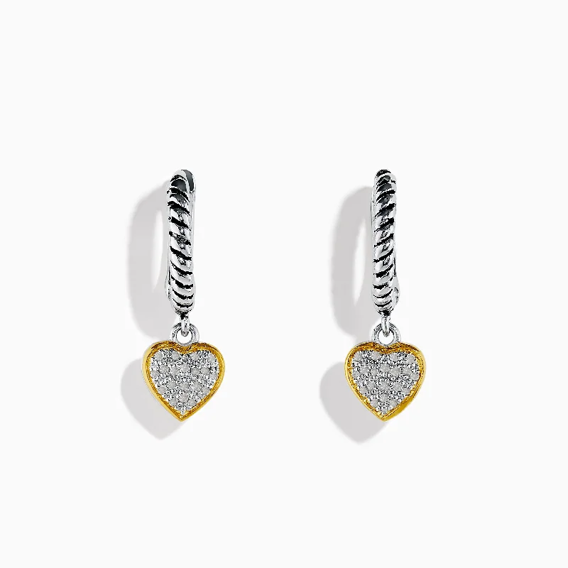 Celtic Drop Earrings for Heritage-925 Sterling Silver and 18K Yellow Gold Diamond Heart Drop Earrings