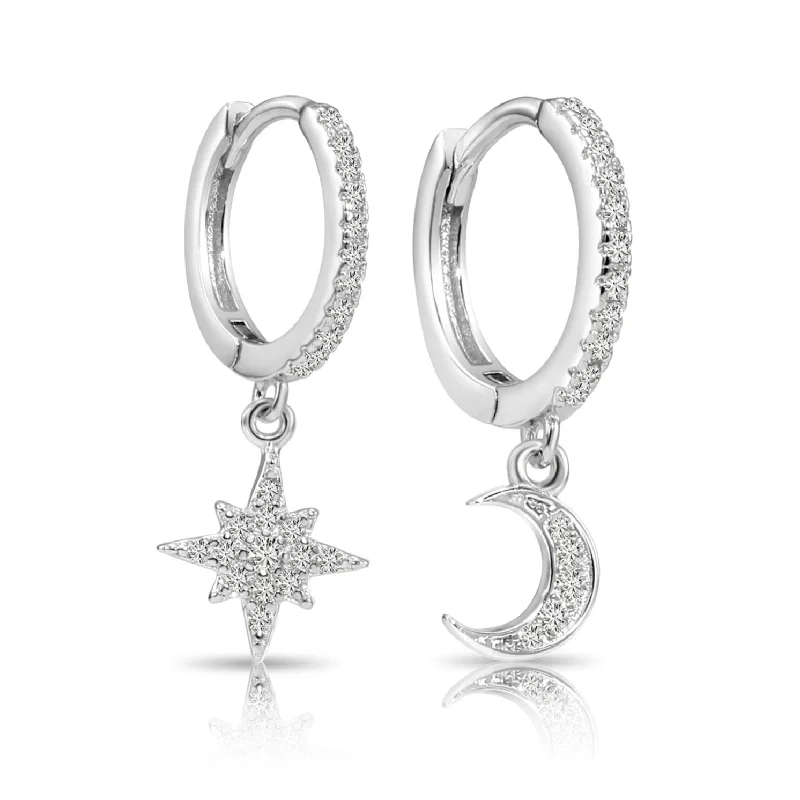 Silver Drop Earrings for Classic-925 Sterling Silver Pave Star + Moon Dangle Drop Earrings, Huggies Hoop Design