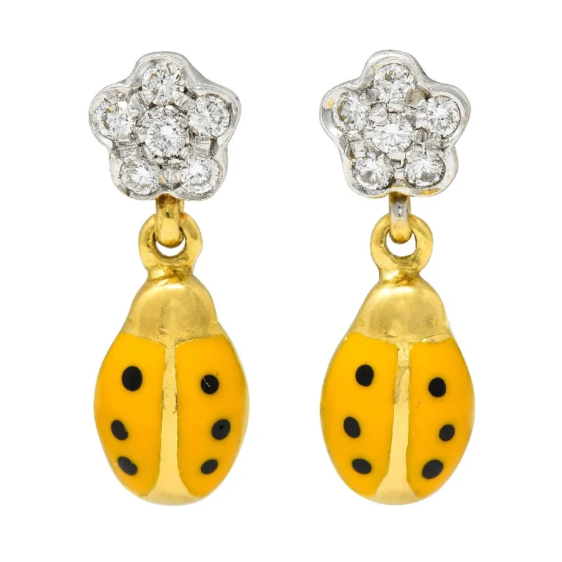 Oval Drop Earrings for Graceful-Aaron Basha Diamond Orange Enamel 18 Karat Two-Tone Gold Ladybug Drop Earrings