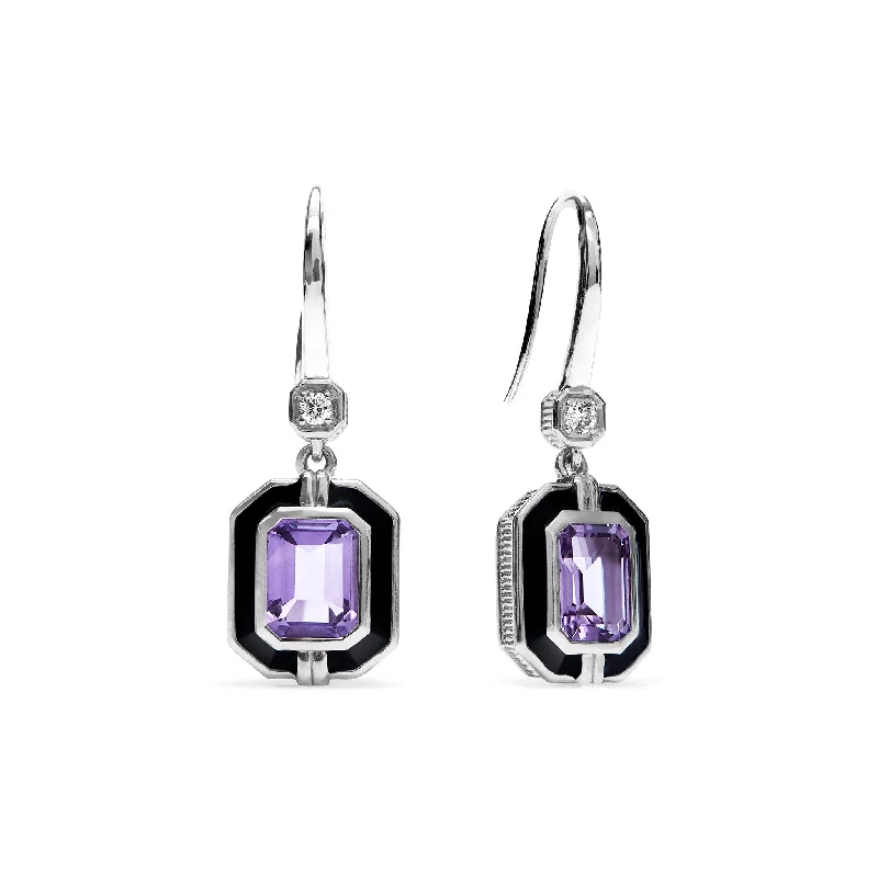 Layered Drop Earrings for Dramatic-Adrienne Drop Earrings with Enamel, Amethyst and Diamonds