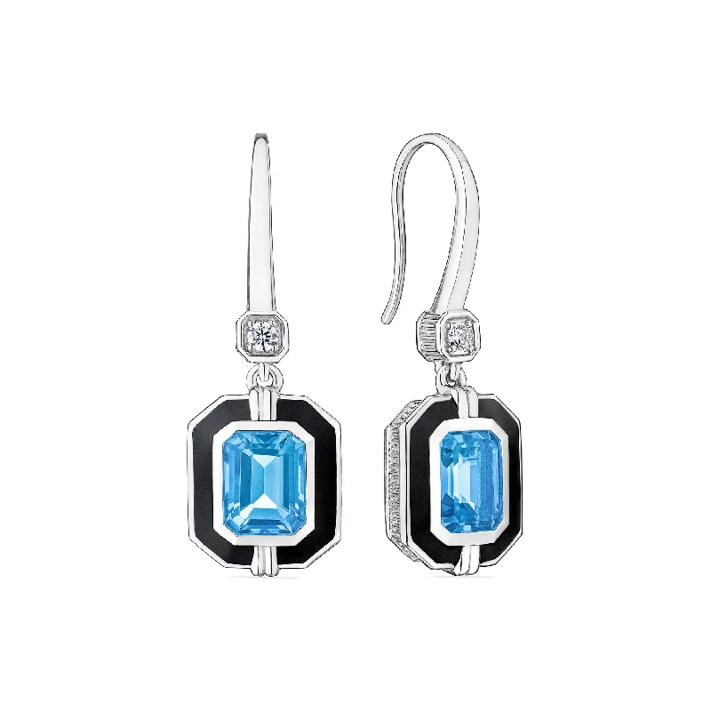 Crocheted Drop Earrings for Handmade-Adrienne Drop Earrings with Enamel, Swiss Blue Topaz and Diamonds