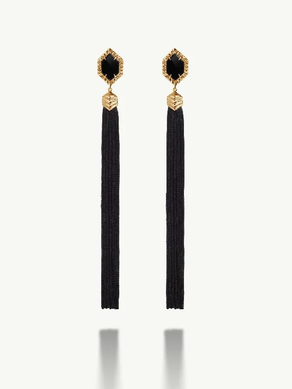 Butterfly-Shaped Drop Earrings for Cute-Alexandria Tassel Earrings With Black Onyx Agate  in 18K Yellow Gold