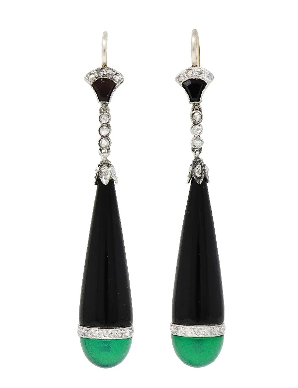 Mysterious Drop Earrings for Intriguing-Art Deco Diamond Chrysoprase Onyx Platinum Lotus Antique Drop Earrings