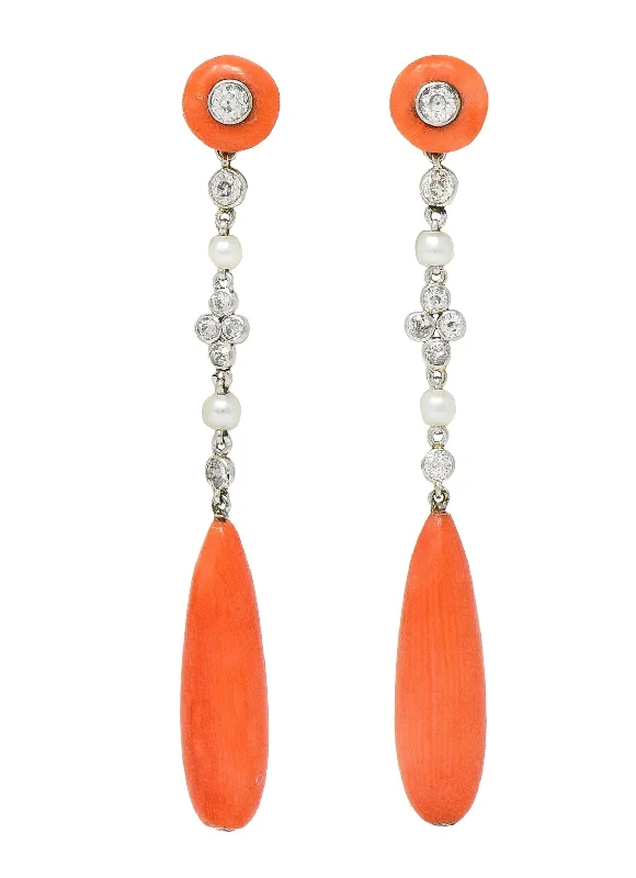 Detachable Drop Earrings for Versatile-Art Deco Old European Cut Diamond Coral Pearl Platinum Antique Drop Earrings