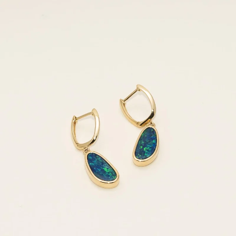 Work Drop Earrings for Professional-Parlé Australian Opal Doublet Drop Earrings in 14kt Yellow Gold