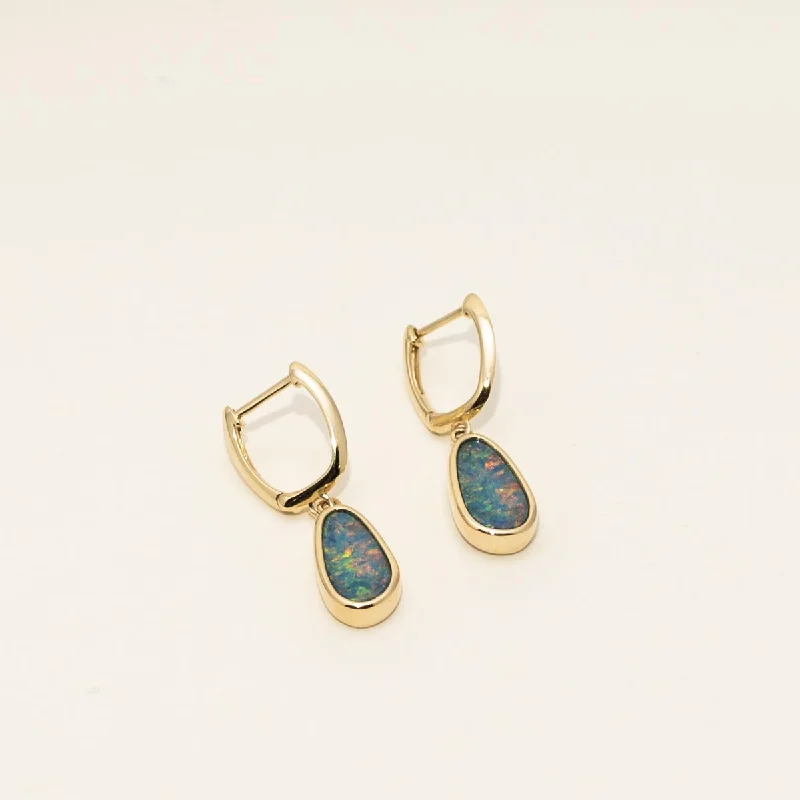 Wedding Drop Earrings for Bridal-Parlé Australian Opal Doublet Drop Earrings in 14kt Yellow Gold