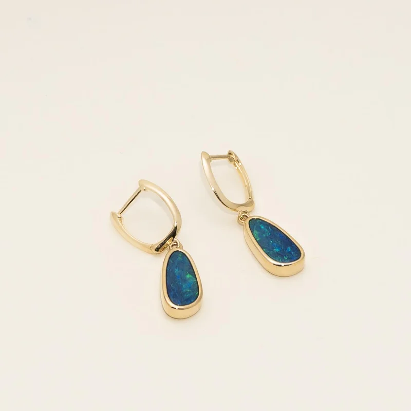 Gym Drop Earrings for Active-Parlé Australian Opal Doublet Drop Earrings in 14kt Yellow Gold