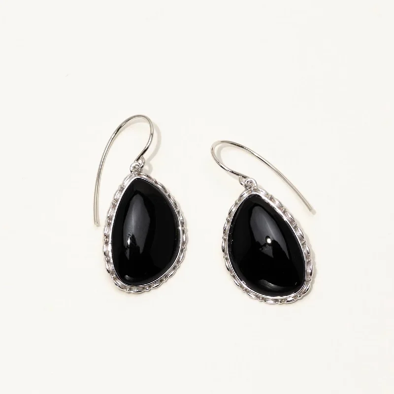 School Drop Earrings for Students-Black Onyx Drop Earrings in Sterling Silver