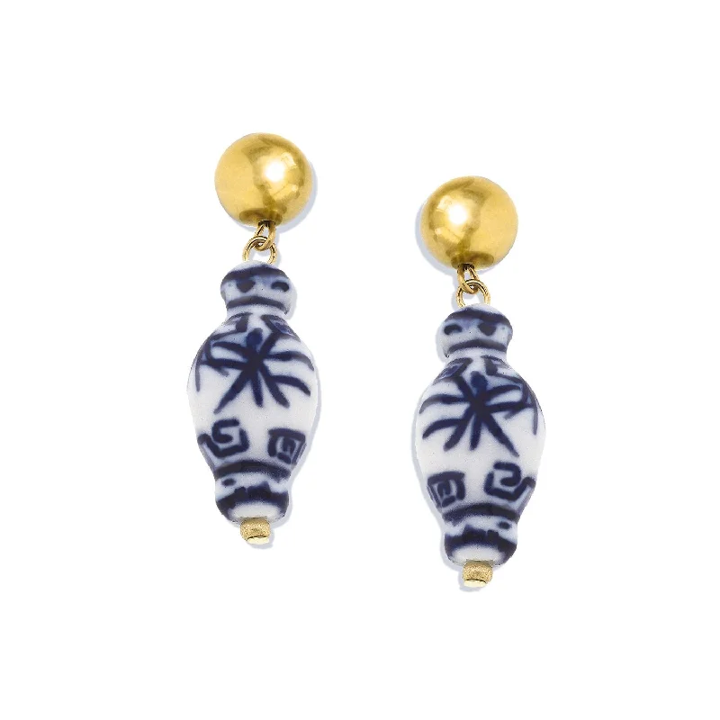 Flower-Shaped Drop Earrings for Delicate-Blue & White Ginger Jar Drop Earrings