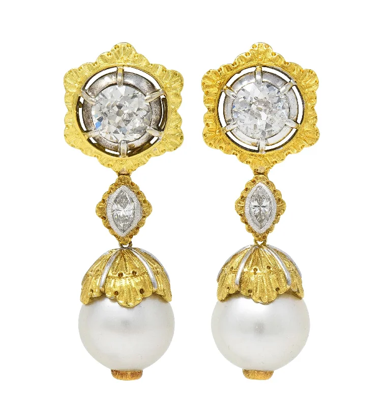 Zircon Drop Earrings for Sparkling-Buccellati 2.92 CTW Diamond Pearl 18 Karat Two-Tone Gold Vintage Day Night Convertible Drop Earrings