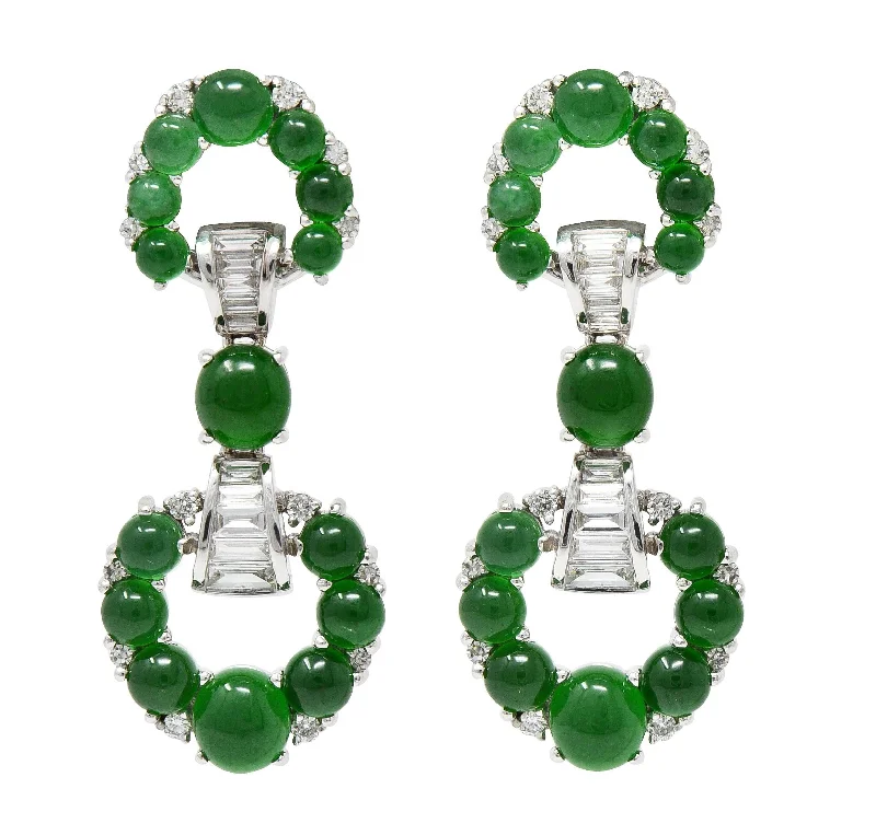 Classic Drop Earrings for Timeless-Contemporary Round Brilliant Cut Diamond Jade 18 Karat White Gold Drop Earrings