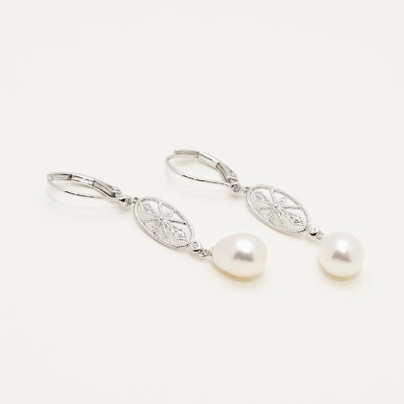 Travel Drop Earrings for On-The-Go-Cultured Fresh Water Pearl Drop Earrings in 14kt White Gold with Diamonds (.02ct tw and 6mm pearls)