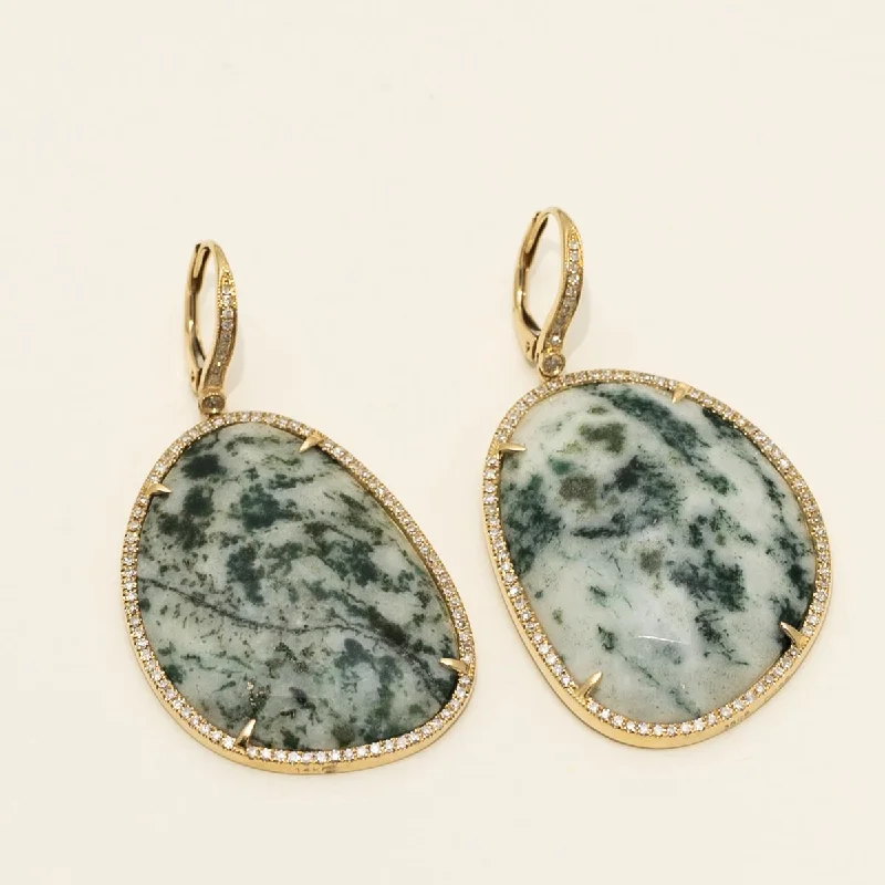 Cluster Drop Earrings for Dazzling-Dabakarov Moss Agate Drop Earrings in 14kt Yellow Gold with Diamonds (1/2ct tw)