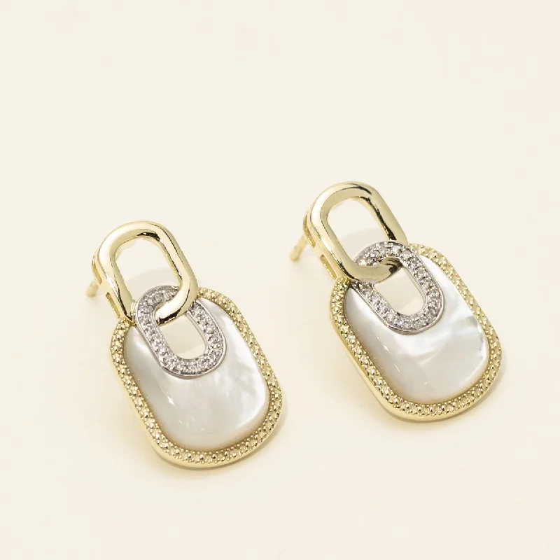 Engraved Drop Earrings for Personal-Dabakarov Mother of Pearl Drop Earrings in 14kt Yellow and White Gold with Diamonds (1/7ct tw)