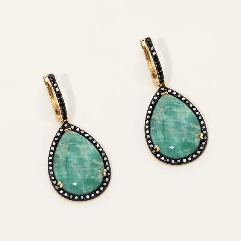 Kyanite Drop Earrings for Gray-Dabakarov Pear Shape Amazonite Drop Earrings in 14kt Yellow Gold with Black Diamonds (5/8ct tw)