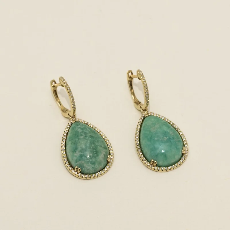 Halo Drop Earrings for Surrounding-Dabakarov Pear Shape Amazonite Drop Earrings in 14kt Yellow Gold with Diamonds (1/3ct tw)