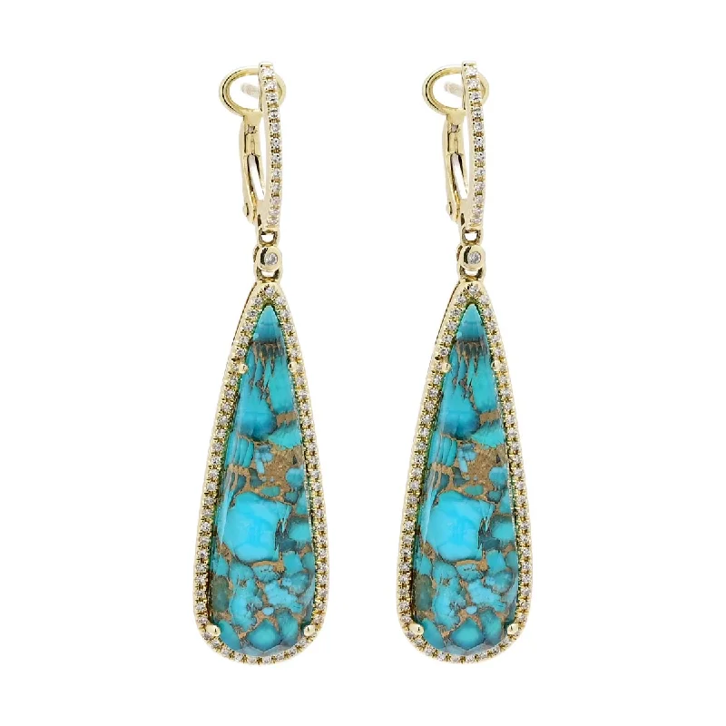 Delicate Drop Earrings for Feminine-Dabakarov Pear Shape Turquoise and White Quartz Drop Earrings in 14kt Yellow Gold with Diamonds (1/3ct tw)