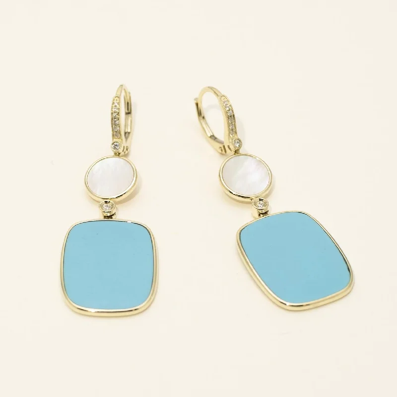 Lightweight Drop Earrings for Comfort-Dabakarov Turquoise and Mother of Pearl Drop Earrings in 14kt Yellow Gold with Diamonds (1/7ct tw)