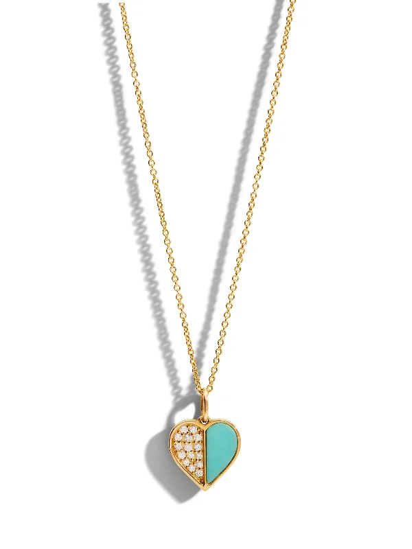 Engraved lock pendant necklaces for a meaningful and symbolic gift idea -Diamond & Turquoise Inlay Heart Yellow Gold Necklace