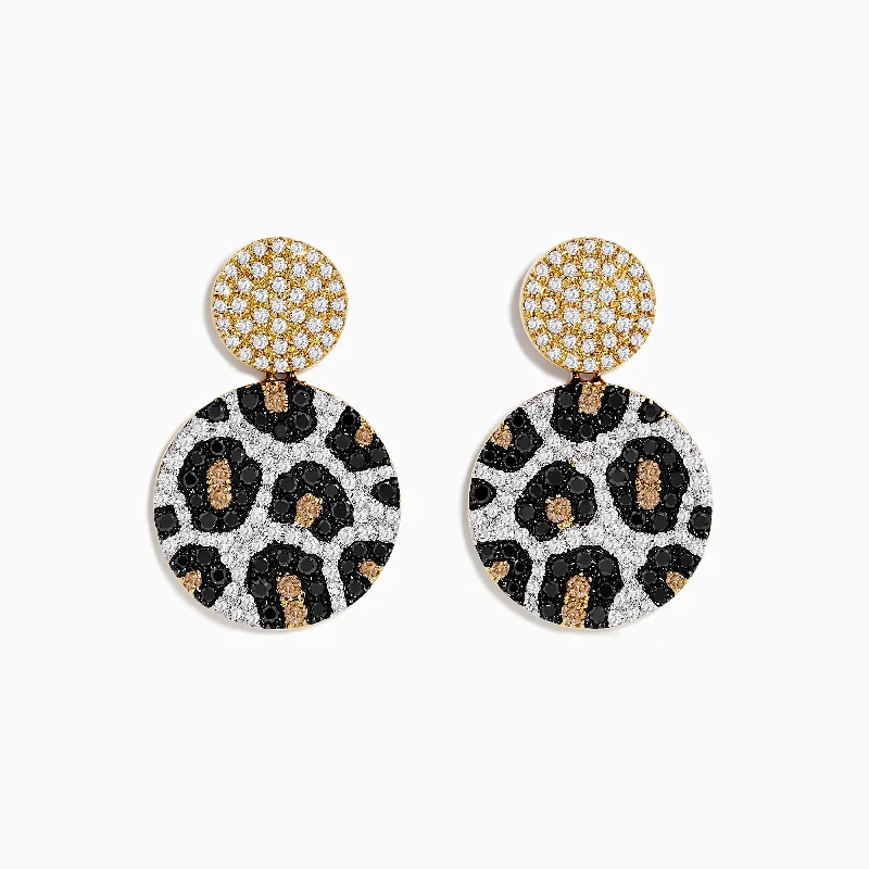 Modern Drop Earrings for Contemporary-14K Gold Black, Espresso and White Diamond Panther Spot Drop Earrings, 1.57 TCW