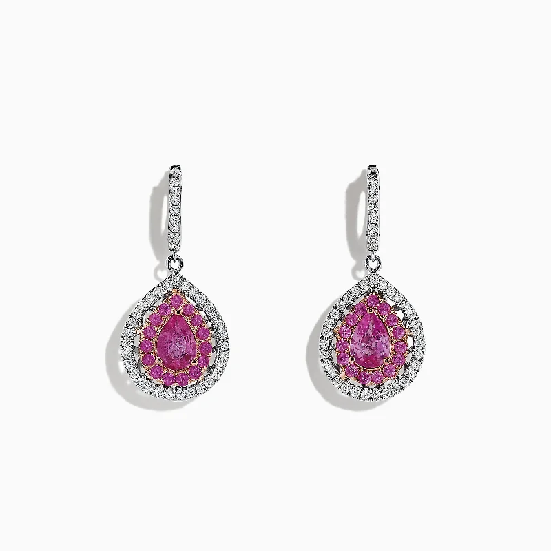 Handmade Drop Earrings for Artisanal-14K Two Tone Gold Pink Sapphire and Diamond Drop Earrings, 2.73 TCW