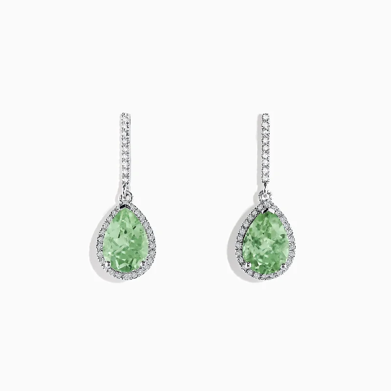 Delicate Drop Earrings for Feminine-14K White Gold Green Amethyst and Diamond Drop Earrings