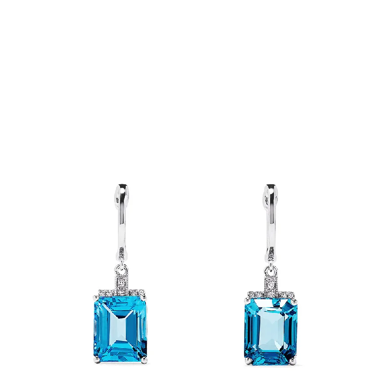 Halo Drop Earrings for Surrounding-14K White Gold Emerald Cut Blue Topaz and Diamond Drop Earrings, 9.25 TCW