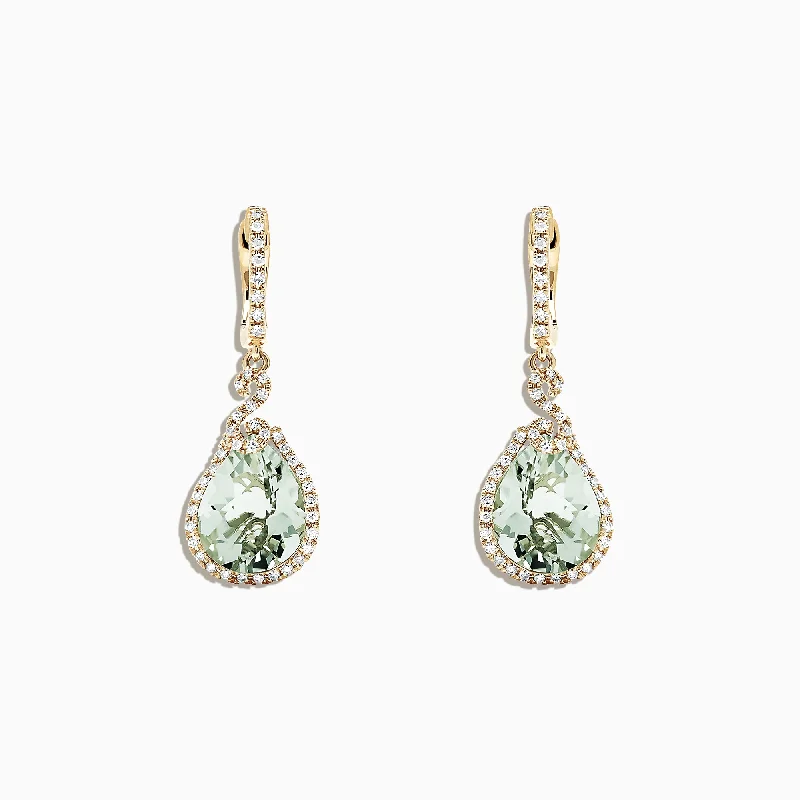 Layered Drop Earrings for Dramatic-14K Yellow Gold Green Amethyst and Diamond Drop Earrings, 7.03 TCW