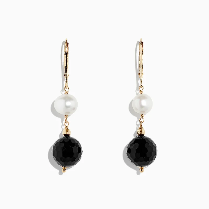 Quartz Drop Earrings for Simple-14K Yellow Gold Onyx and Cultured Fresh Water Pearl Drop Earrings, 14.50 TCW