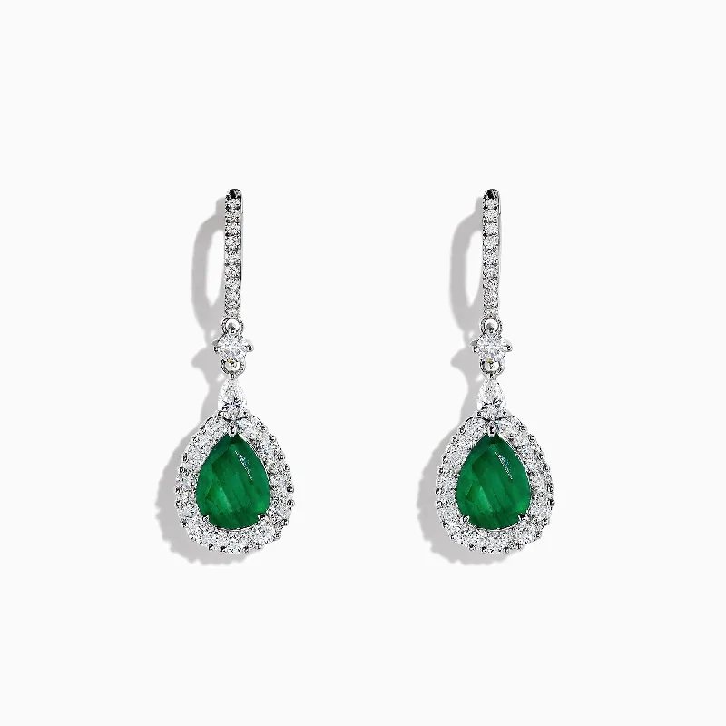 Geometric Drop Earrings for Structured-Brasilica 14K White Gold Emerald and Diamond Drop Earrings, 4.04 TCW