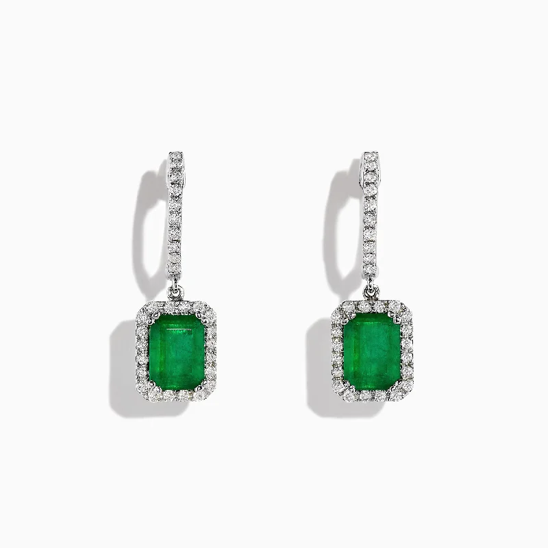 Casual Drop Earrings for Everyday-14K White Gold Emerald and Diamond Drop Earrings, 2.30 TCW