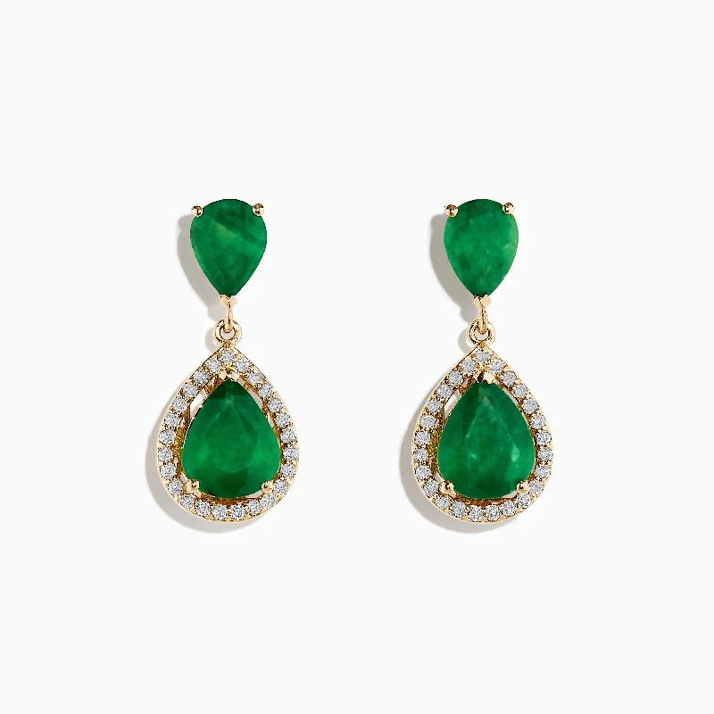 Gemstone Drop Earrings for Color-Brasillica 14K Yellow Gold Emerald and Diamond Drop Earrings