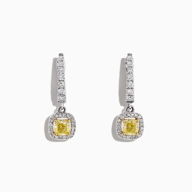 Retro Drop Earrings for Old-School-Canare 18K Two-Tone Cushion Cut Yellow Diamond Drop Earrings, 1.06 TCW