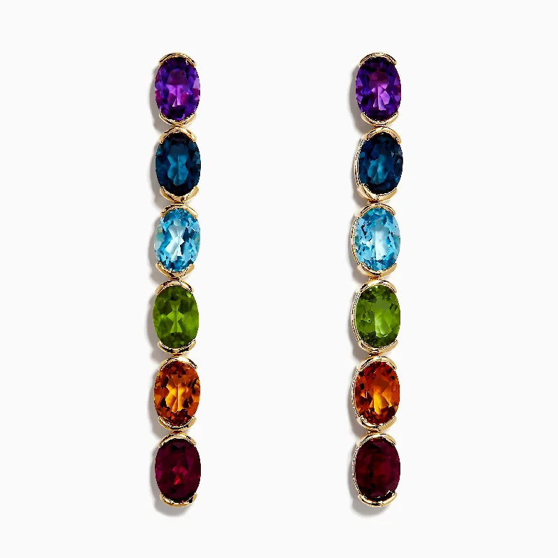 Emerald Drop Earrings for Elegant-Mosaic 14K Yellow Gold Multi Gemstone Drop Earrings