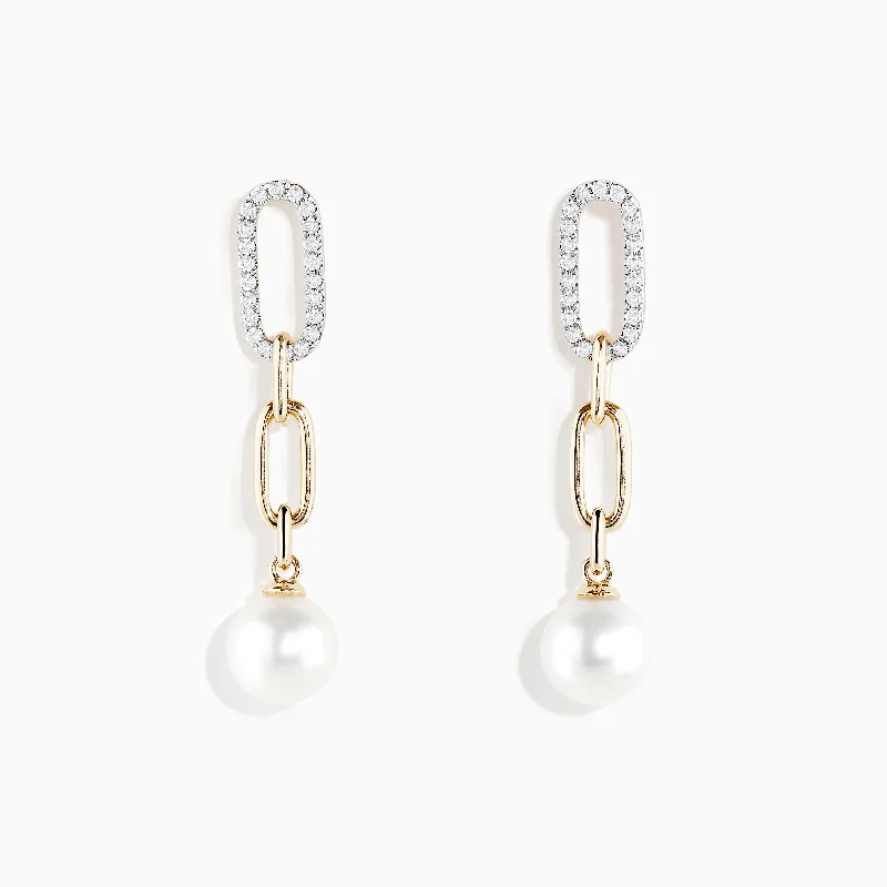 Medium Drop Earrings for Versatile-Pearl 14K Yellow Gold Freshwater Pearl and Diamond Drop Earrings